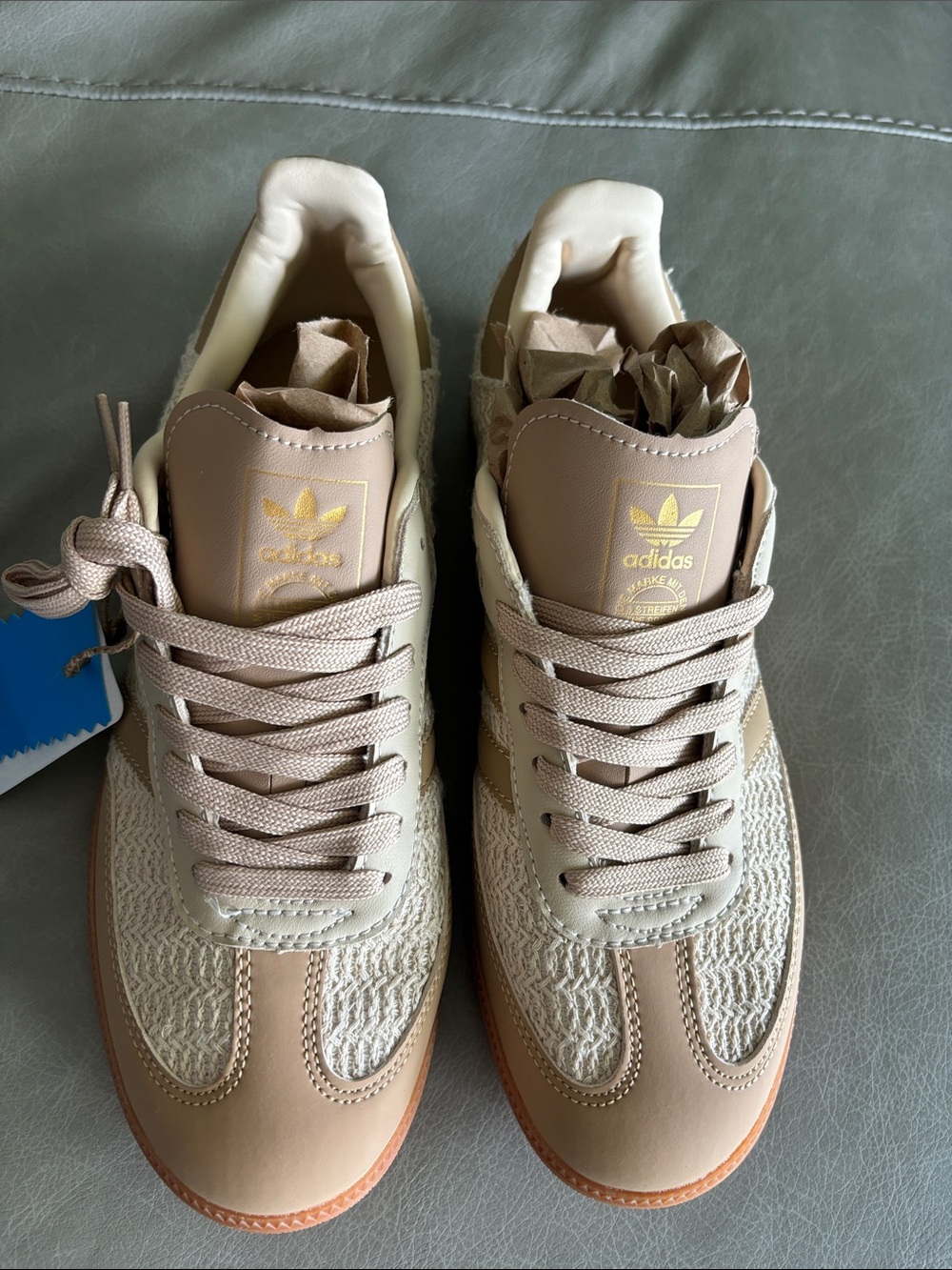 adidas Cream and Tan Knit Leather Sneakers